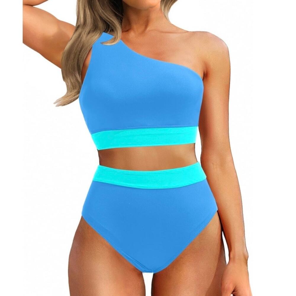 Holipick Women Blue One Shoulder Bikini Set High Waist 2 Piece M NWT
